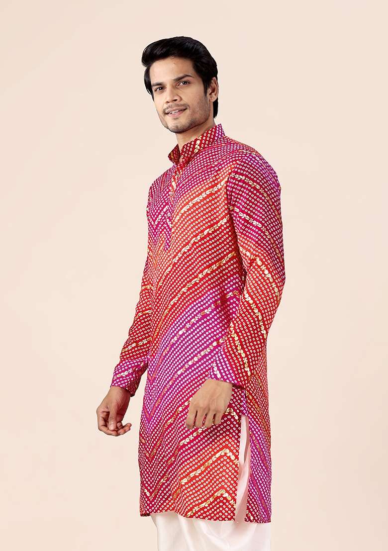Pink And Red Bandhani Cotton Kurta For Men - Indya