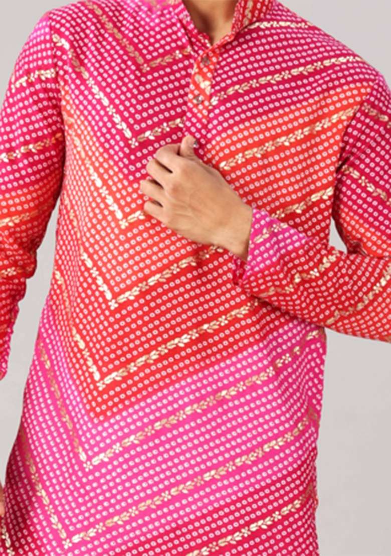 Pink And Red Bandhani Cotton Kurta For Men - Indya