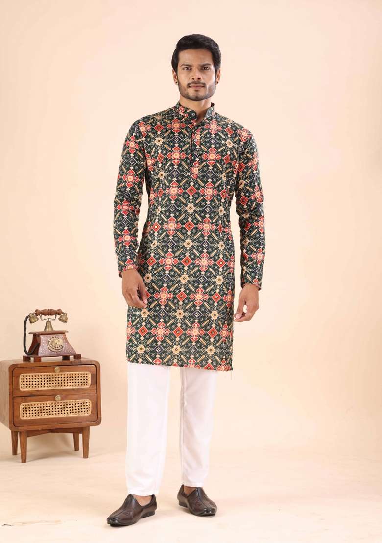 Green Printed Cotton Kurta For Men - Indya