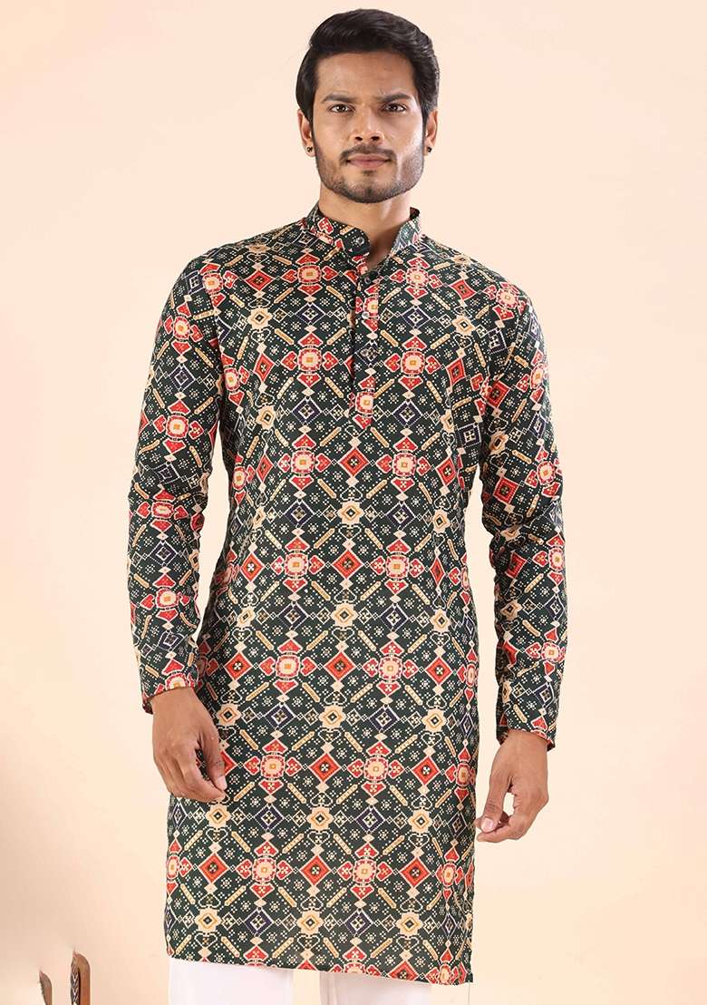 Green Printed Cotton Kurta For Men - Indya
