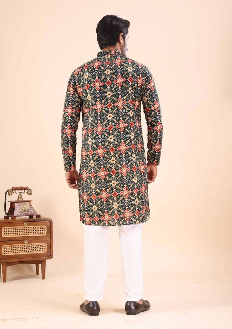 Green Printed Cotton Kurta For Men - Indya