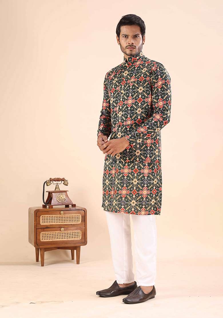 Green Printed Cotton Kurta For Men - Indya