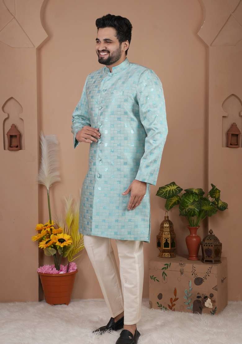 Sky Blue Jacquard Silk Kurta Set For Men - Indya