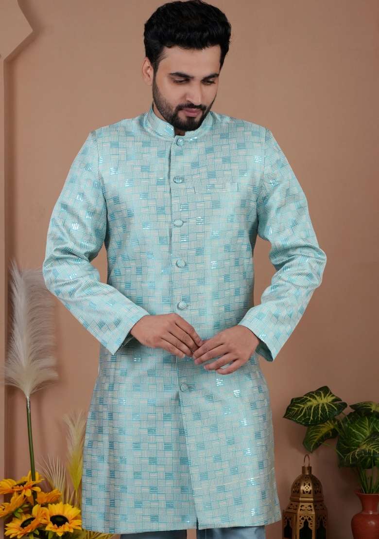 Sky Blue Jacquard Silk Kurta Set For Men - Indya