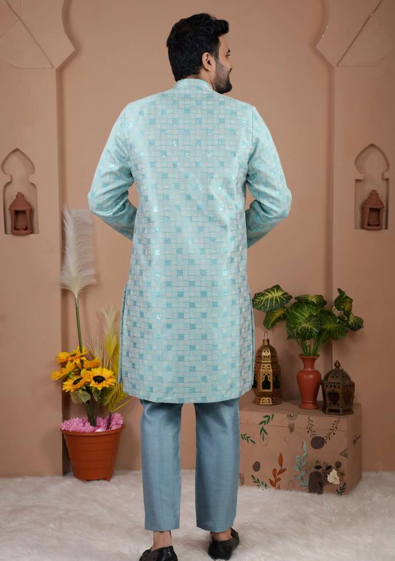 Sky Blue Jacquard Silk Kurta Set For Men - Indya