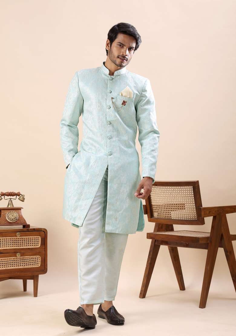 Mint Blue Embroidery Silk Kurta Set For Men - Indya