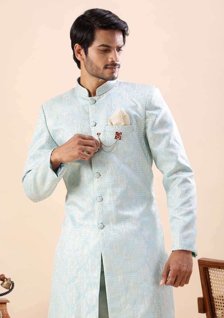 Mint Blue Embroidery Silk Kurta Set For Men - Indya