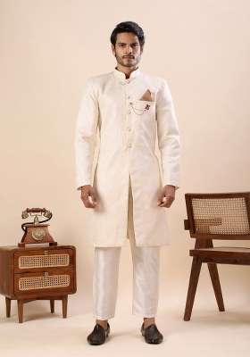 Off White Embroidery Silk Kurta Set For Men