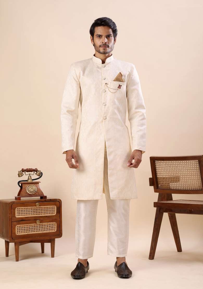 Off White Embroidery Silk Kurta Set For Men - Indya