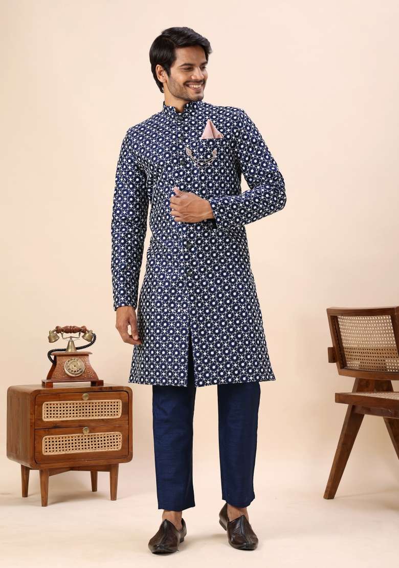 Blue Embroidery Silk Kurta Set For Men - Indya