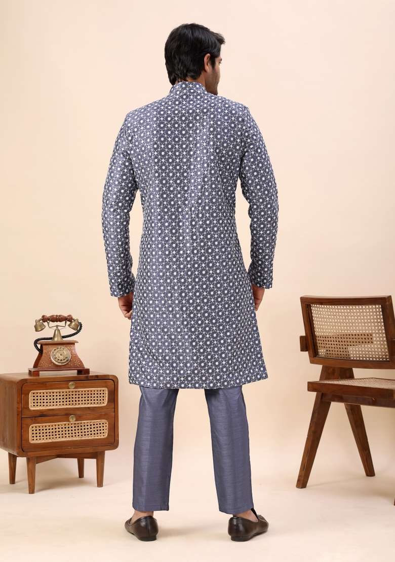 Grey Embroidery Silk Kurta Set For Men - Indya