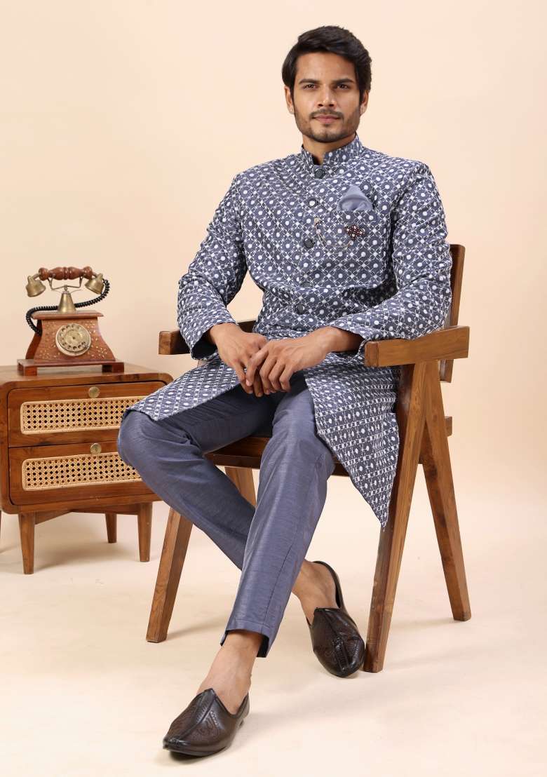Grey Embroidery Silk Kurta Set For Men - Indya