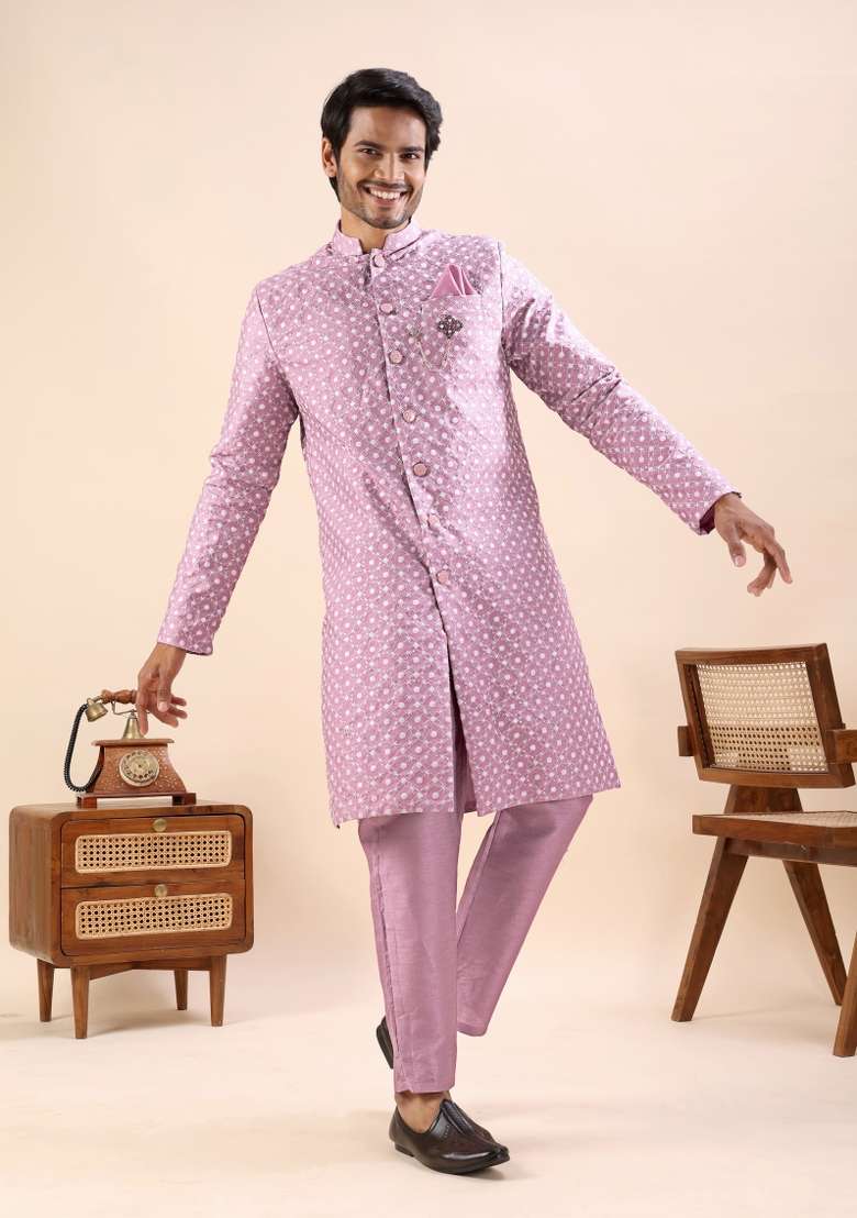 Onion Embroidery Silk Kurta Set For Men - Indya
