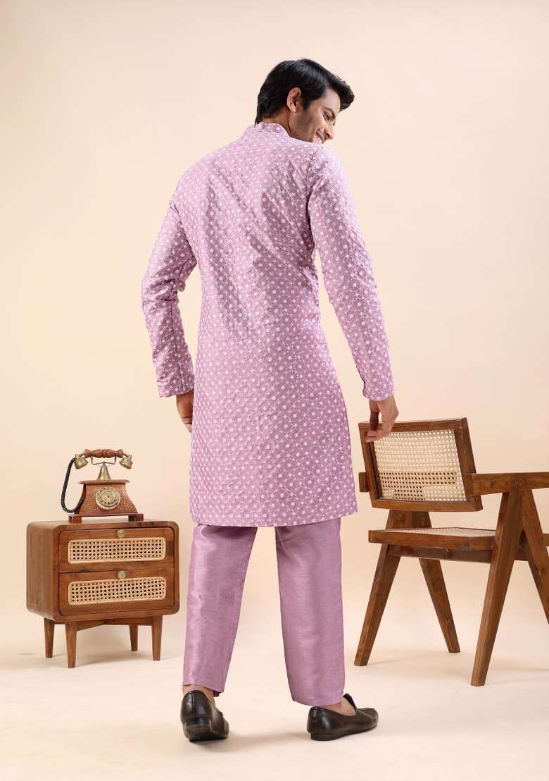 Onion Embroidery Silk Kurta Set For Men - Indya