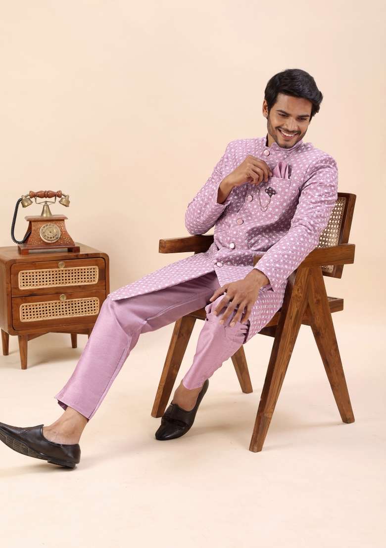 Onion Embroidery Silk Kurta Set For Men - Indya