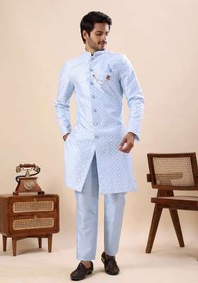 Sky Blue Embroidery Silk Kurta Set For Men