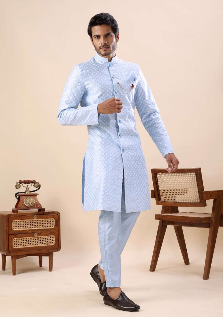 Sky Blue Embroidery Silk Kurta Set For Men - Indya