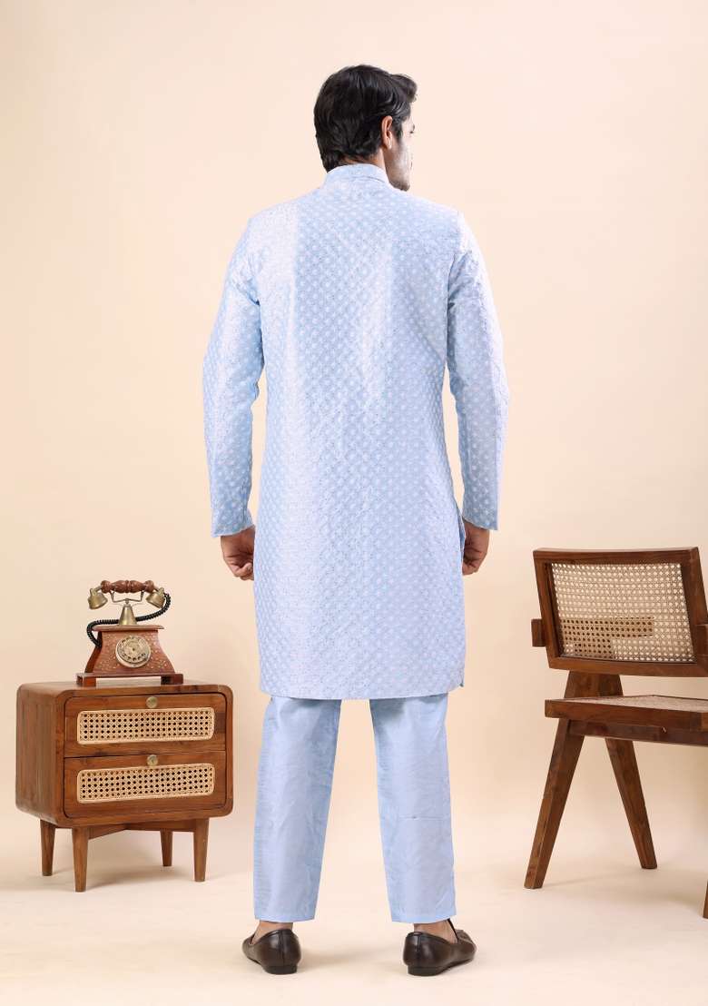 Sky Blue Embroidery Silk Kurta Set For Men - Indya