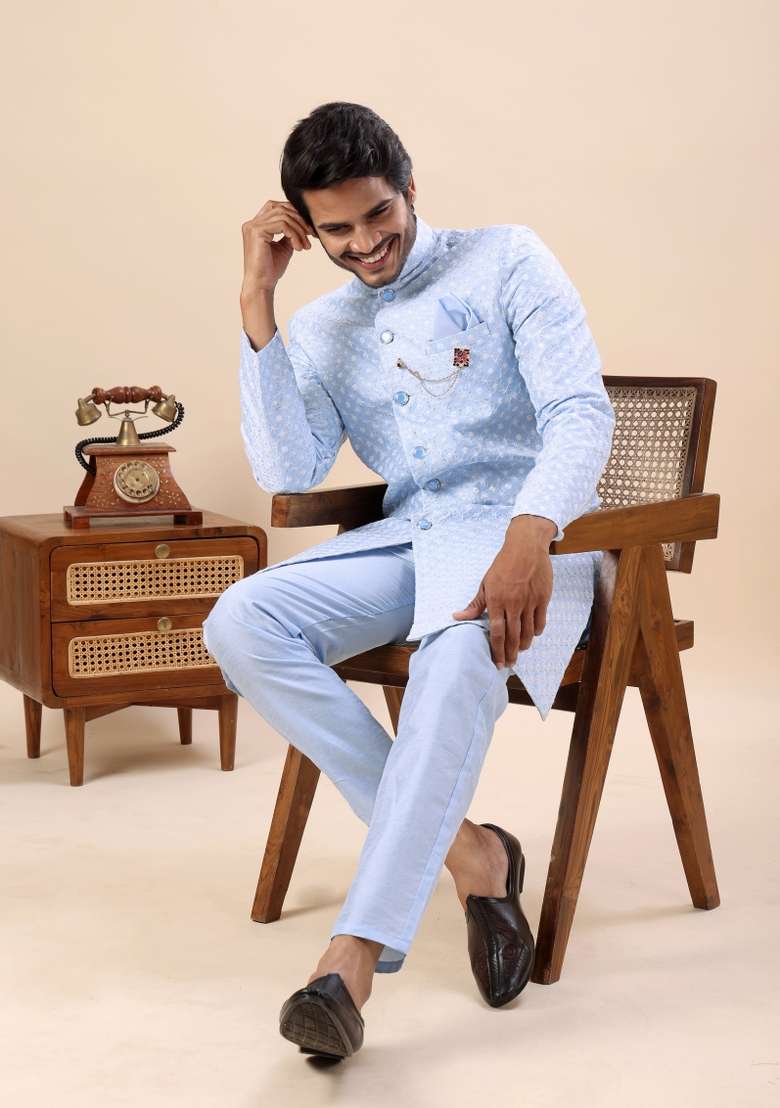 Sky Blue Embroidery Silk Kurta Set For Men - Indya