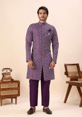 Wine Embroidery Silk Kurta Set For Men