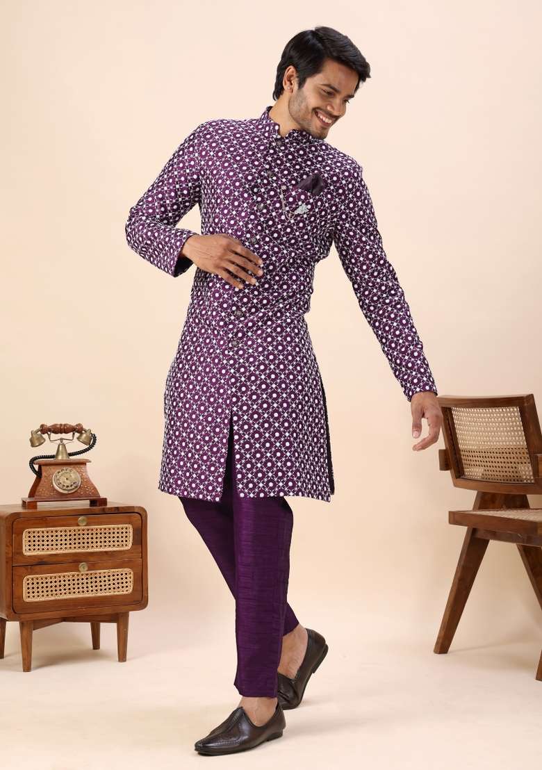 Wine Embroidery Silk Kurta Set For Men - Indya