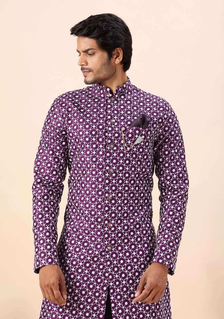Wine Embroidery Silk Kurta Set For Men - Indya