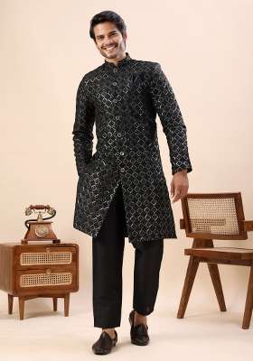 Black Embroidery Silk Kurta Set For Men