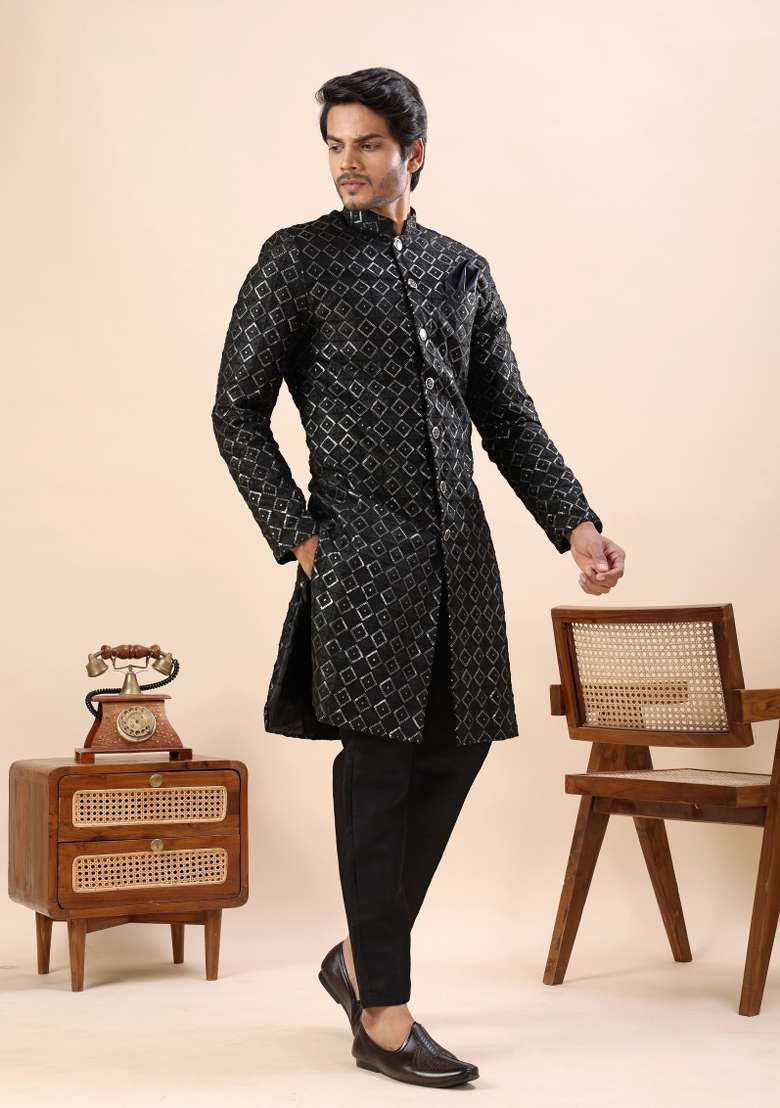 Black Embroidery Silk Kurta Set For Men - Indya