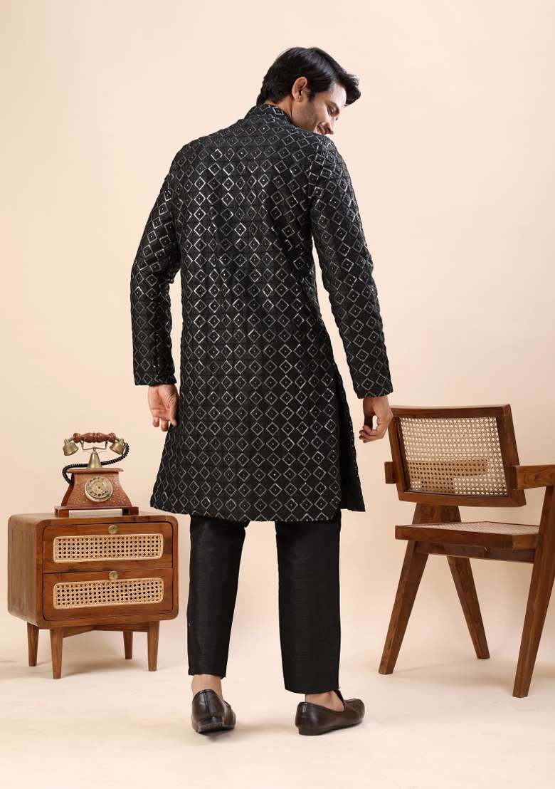 Black Embroidery Silk Kurta Set For Men - Indya