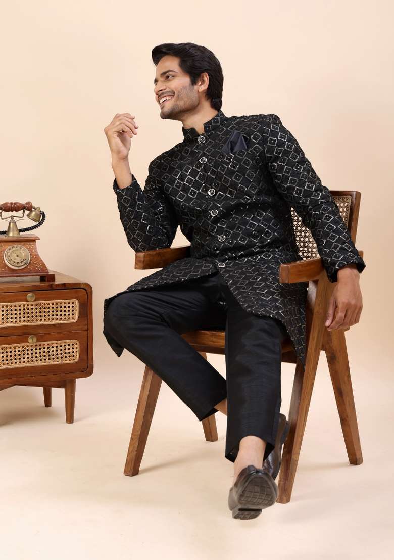 Black Embroidery Silk Kurta Set For Men - Indya