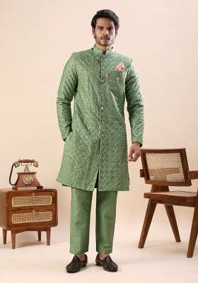 Green Embroidery Silk Kurta Set For Men