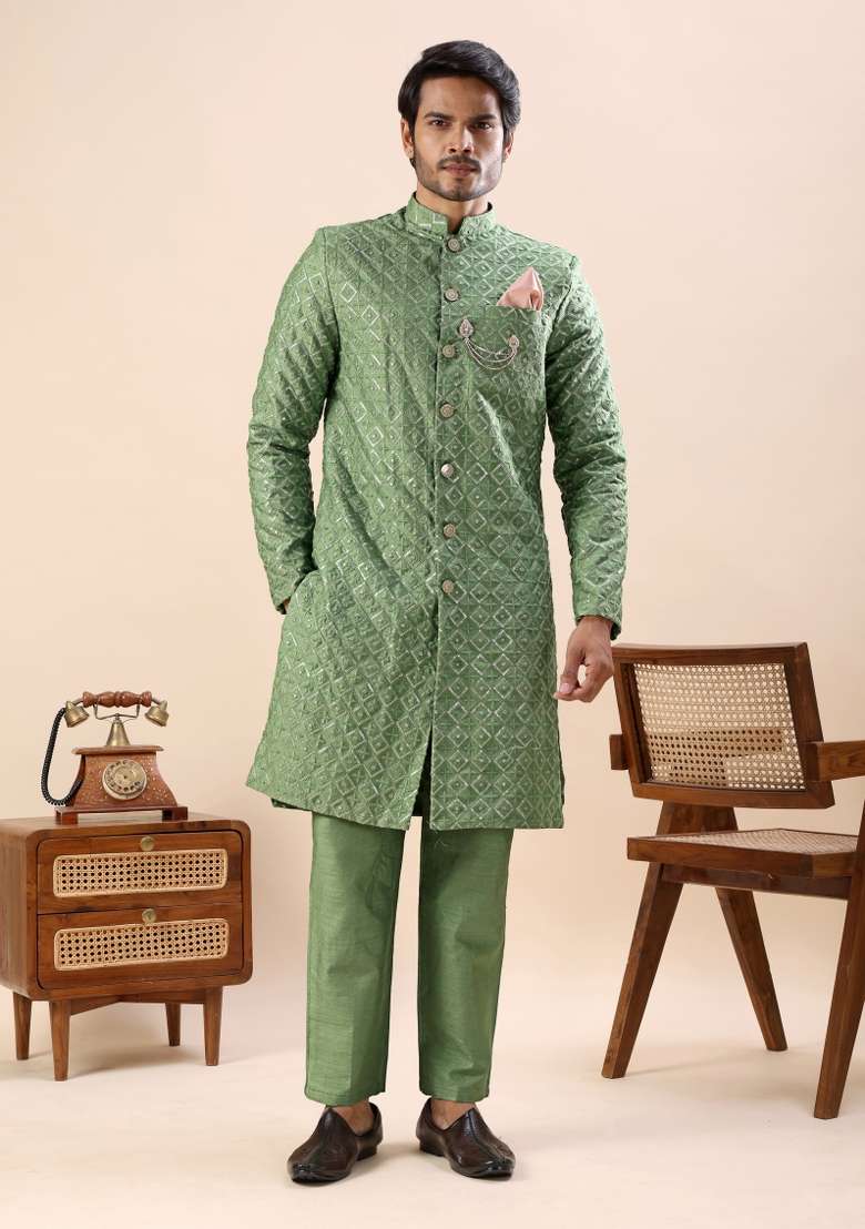 Green Embroidery Silk Kurta Set For Men - Indya