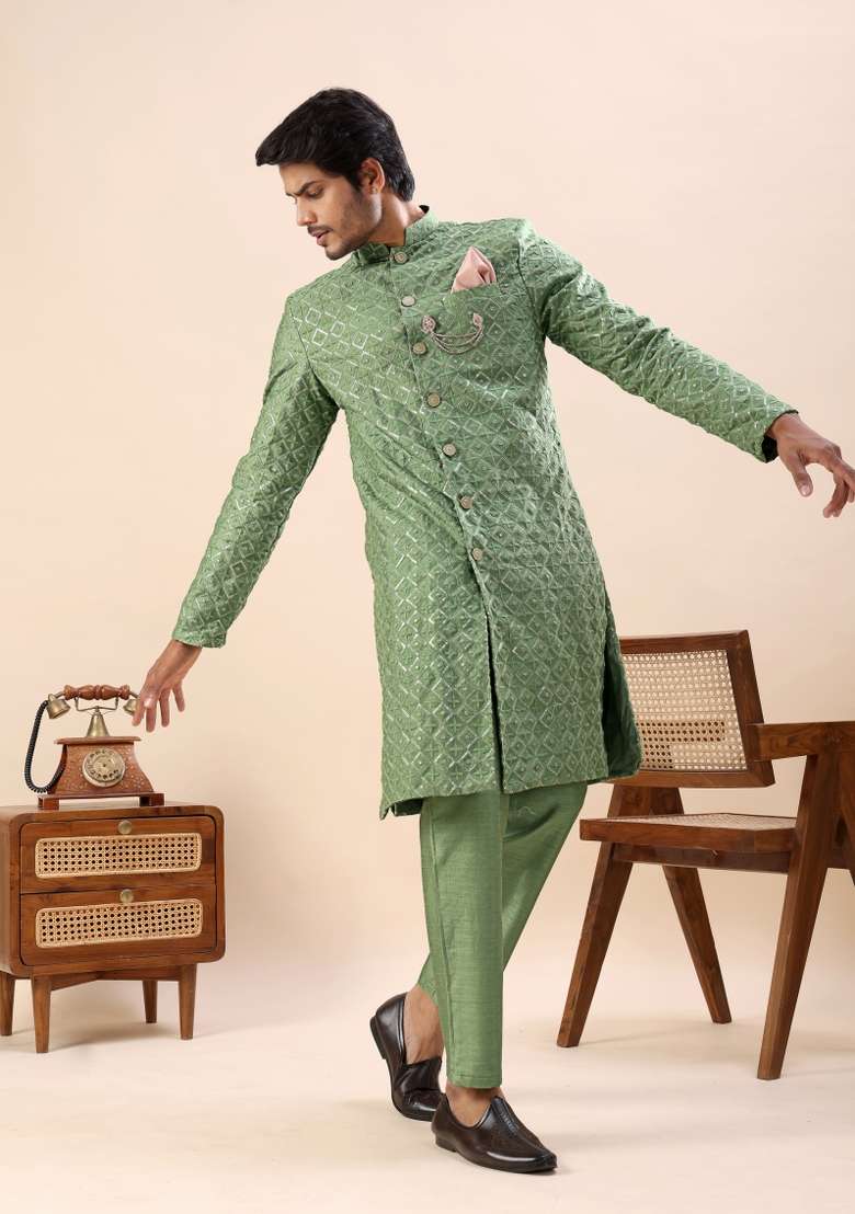 Green Embroidery Silk Kurta Set For Men - Indya
