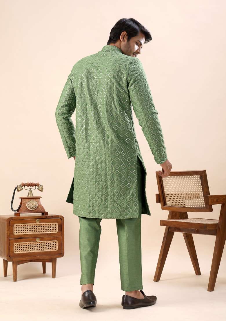 Green Embroidery Silk Kurta Set For Men - Indya