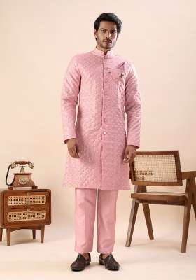 Pink Embroidery Silk Kurta Set For Men