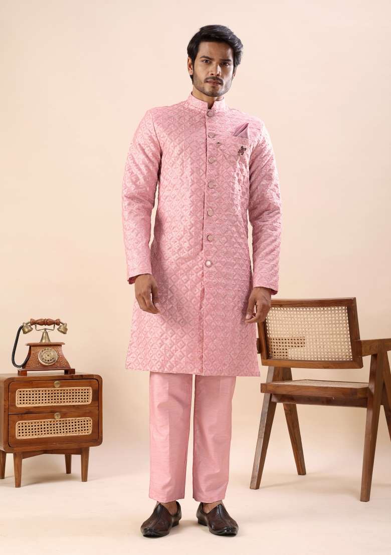 Pink Embroidery Silk Kurta Set For Men - Indya