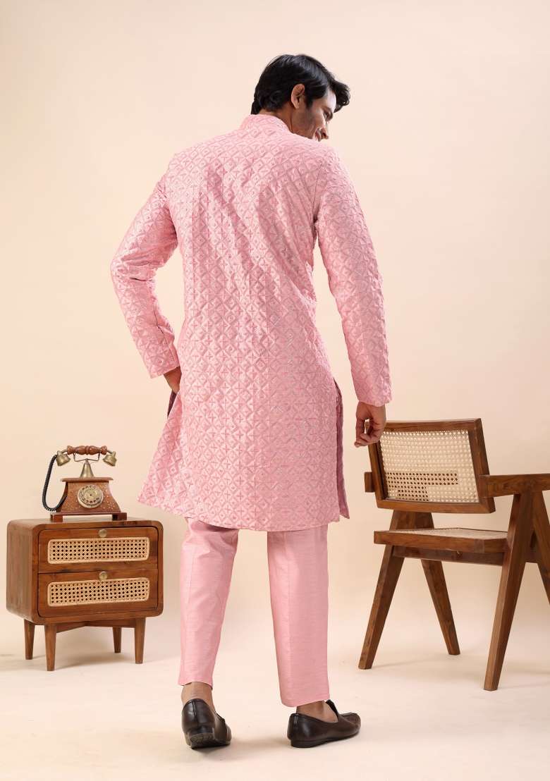 Pink Embroidery Silk Kurta Set For Men - Indya