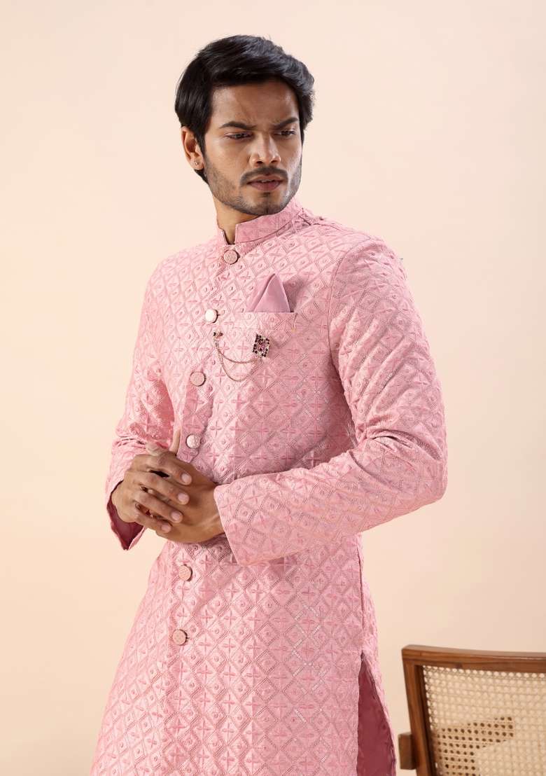 Pink Embroidery Silk Kurta Set For Men - Indya