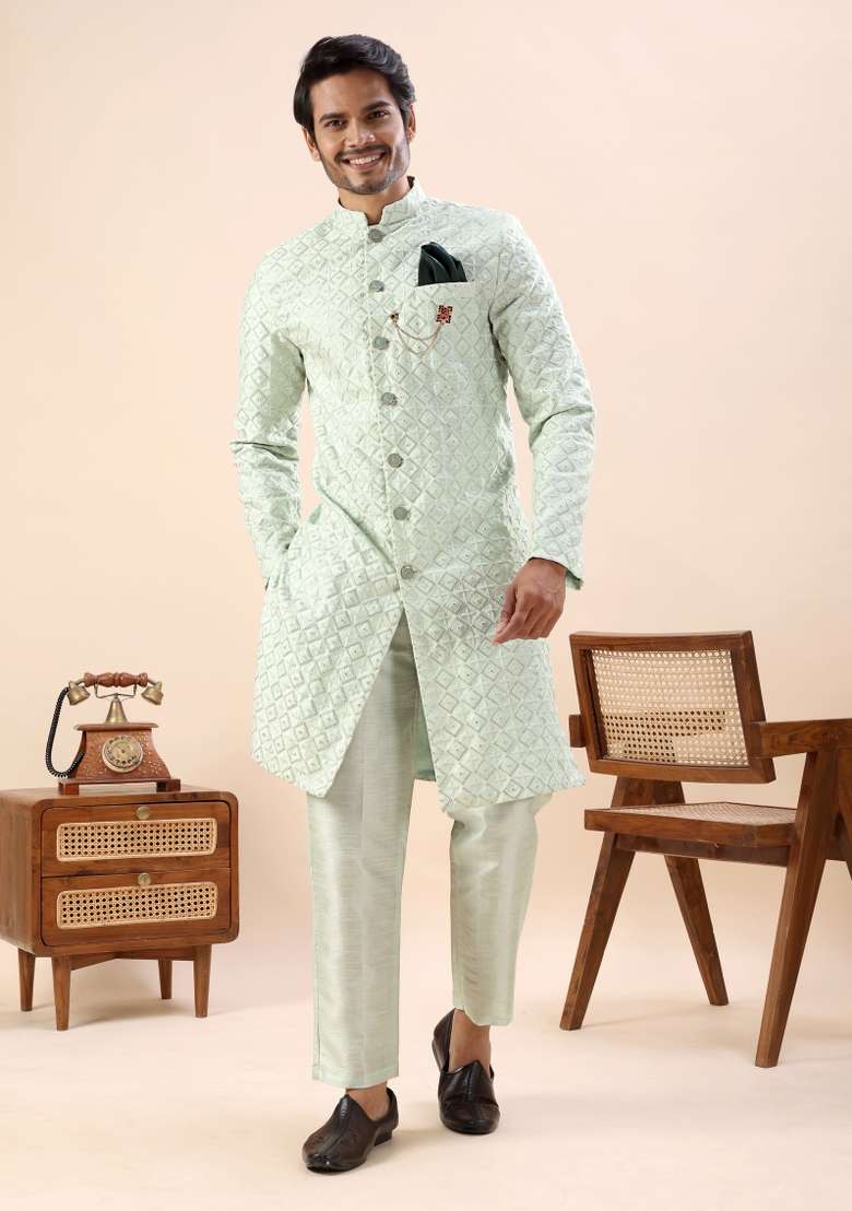 Pista Embroidery Silk Kurta Set For Men - Indya