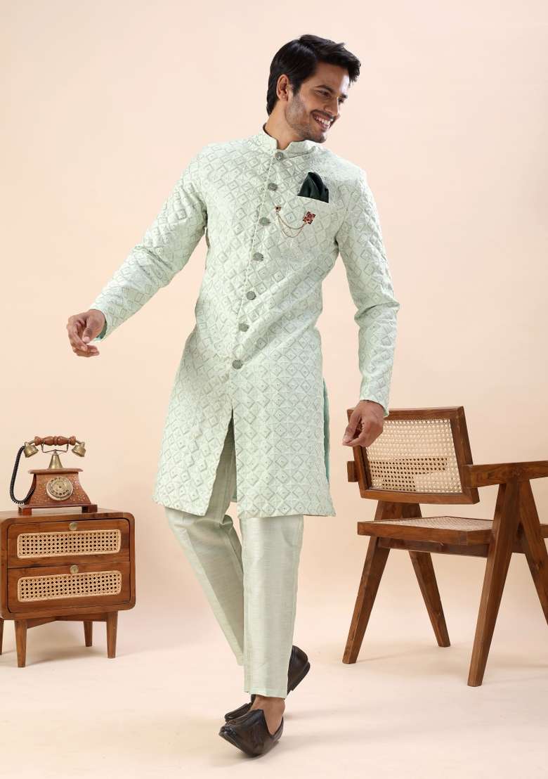 Pista Embroidery Silk Kurta Set For Men - Indya