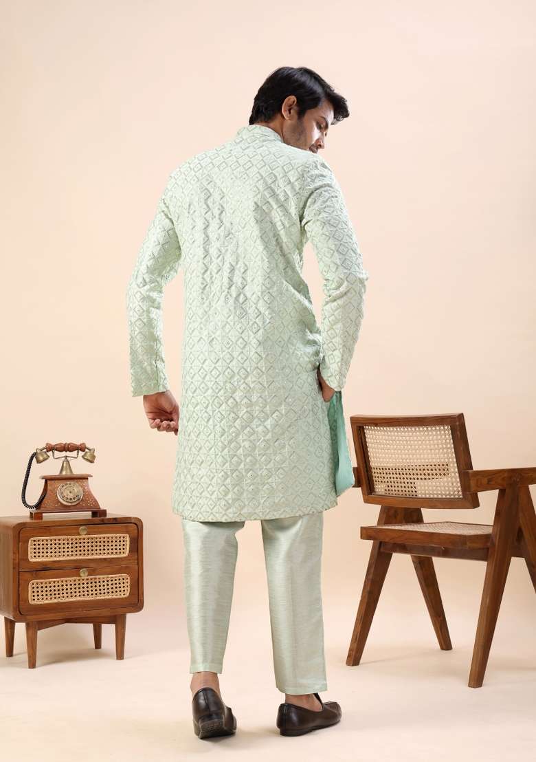Pista Embroidery Silk Kurta Set For Men - Indya