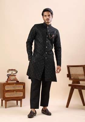 Black Embroidery Silk Kurta Set For Men