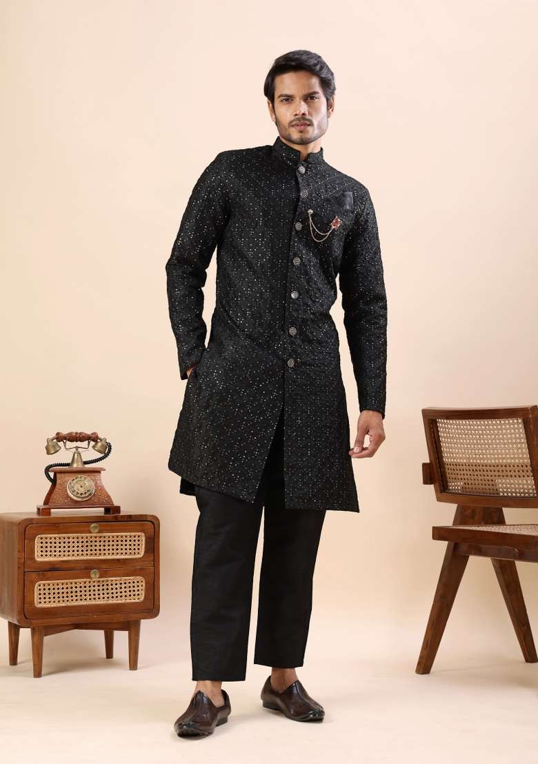 Black Embroidery Silk Kurta Set For Men - Indya