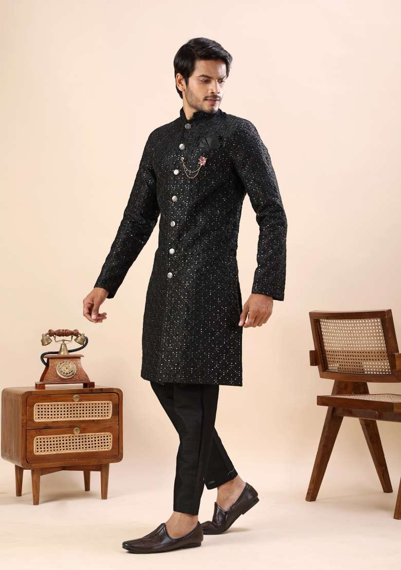 Black Embroidery Silk Kurta Set For Men - Indya