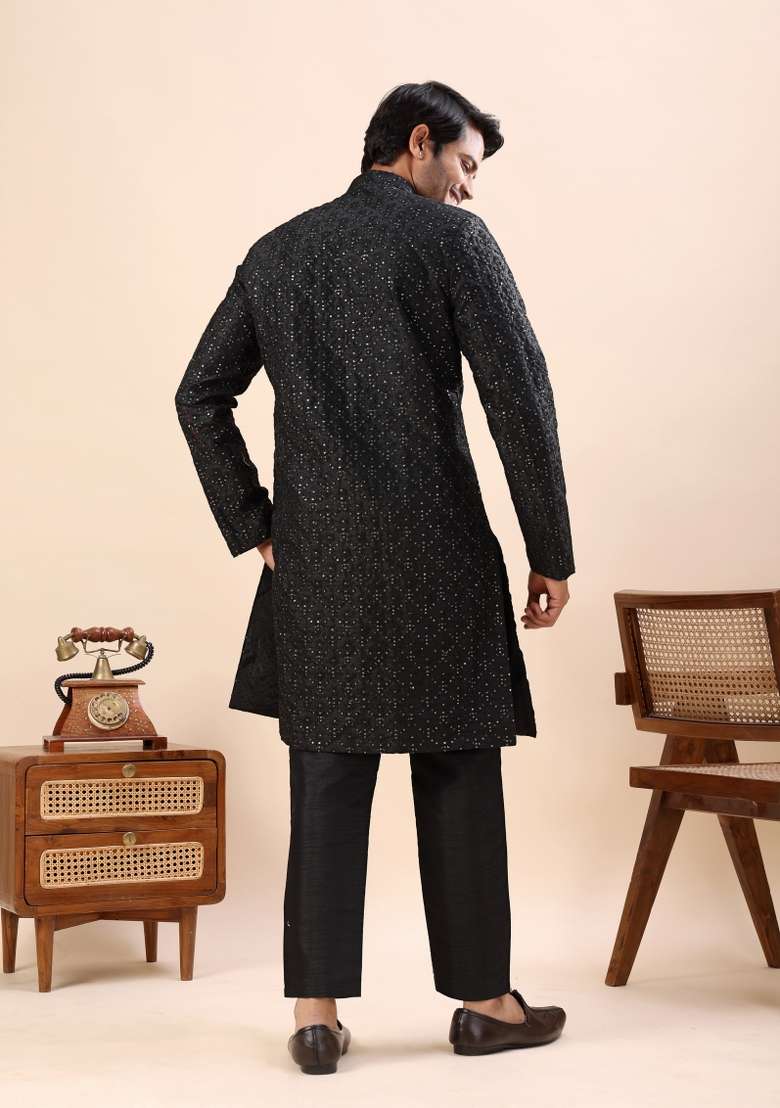 Black Embroidery Silk Kurta Set For Men - Indya