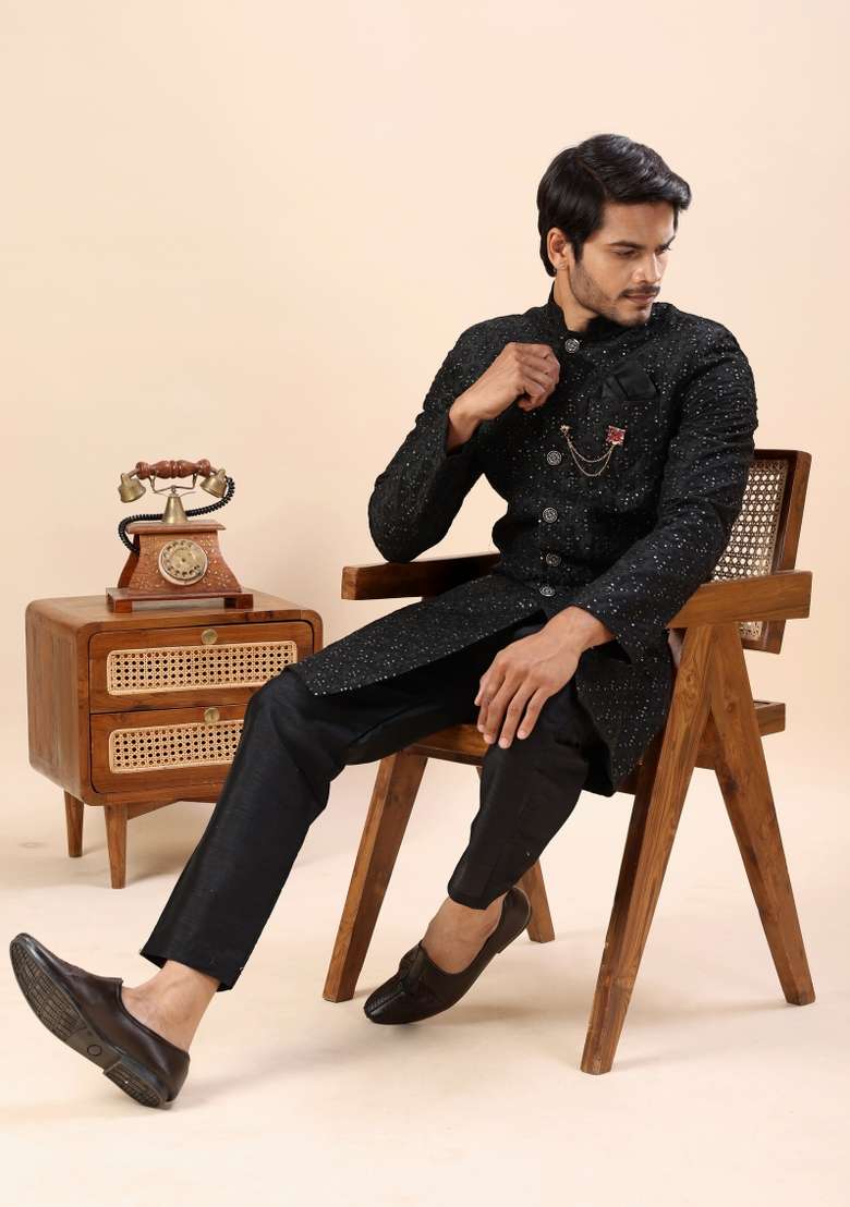 Black Embroidery Silk Kurta Set For Men - Indya