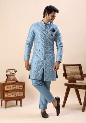 Blue Embroidery Silk Kurta Set For Men