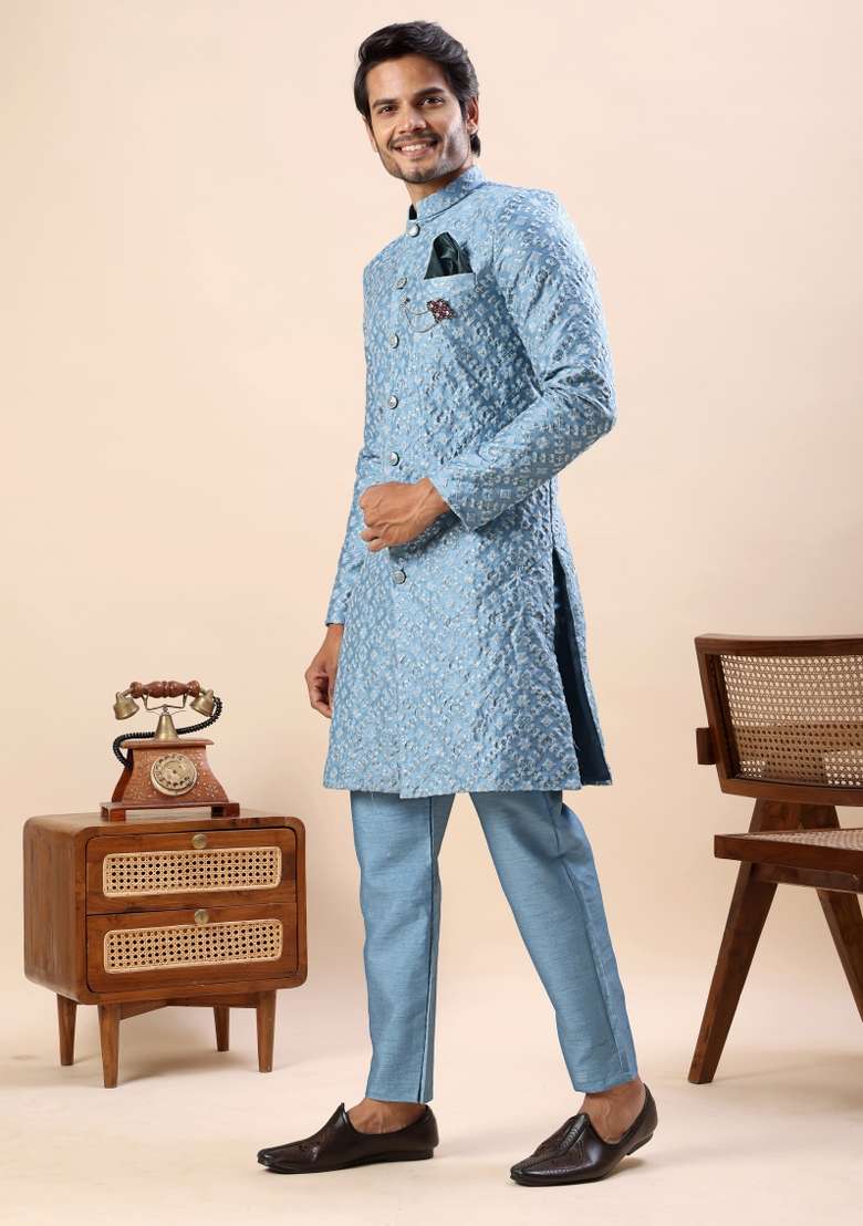 Blue Embroidery Silk Kurta Set For Men - Indya