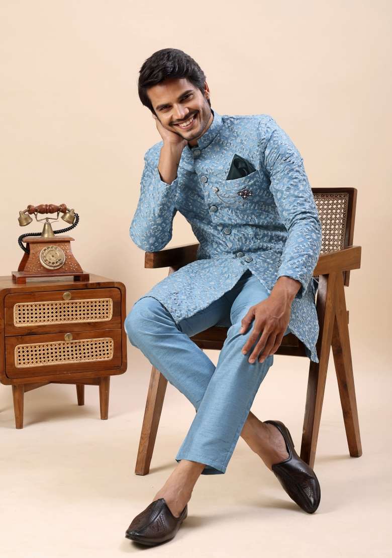 Blue Embroidery Silk Kurta Set For Men - Indya