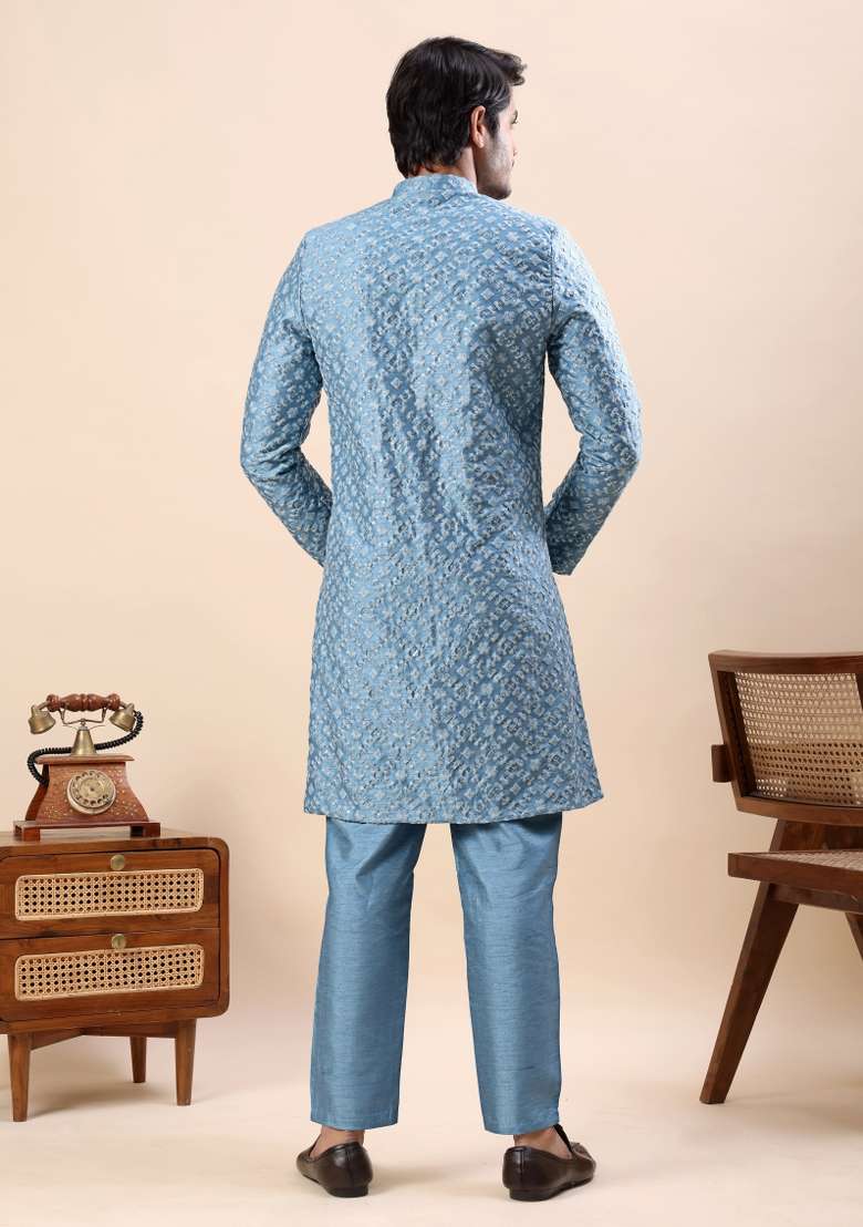 Blue Embroidery Silk Kurta Set For Men - Indya